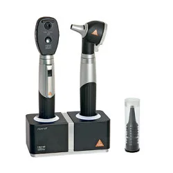 Diagnostik Set HEINE mini 3000 LED F.O., schwarz, mit 2 Ladegriffen, Ladegerät, Tips, Lasergravur