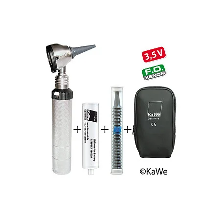 Otoskop EUROLIGHT F.O. 30, 3,5 V mit Ladegriff und Ohrtrichtern, mit Lasergravur