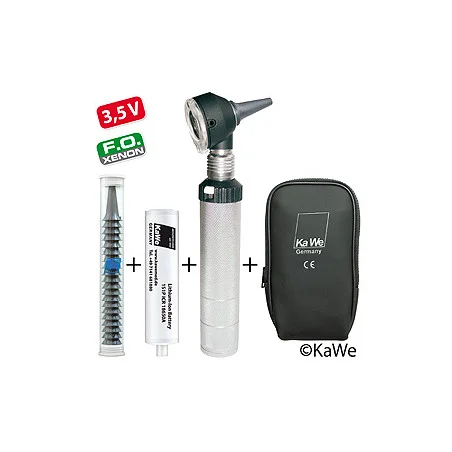 Otoskop COMBILIGHT F.O. 30, 3,5 V mit Ladegriff und Ohrtrichtern, mit Lasergravur